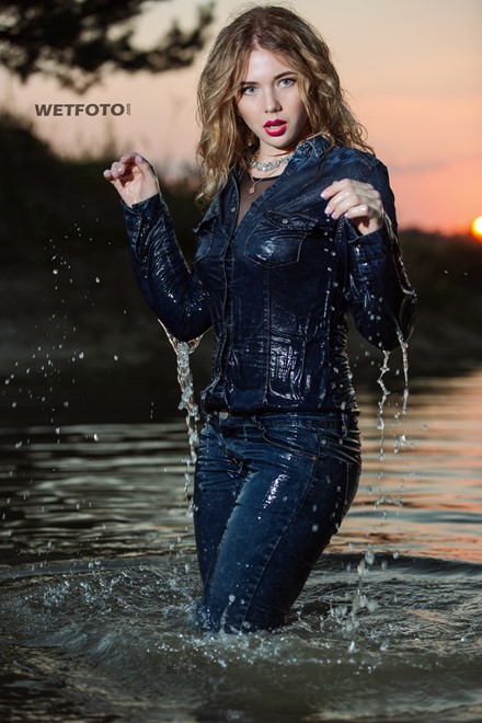 Wetlook By Beautiful Blonde Girl In Fully Wet Denim Shirt And Tight Jeans