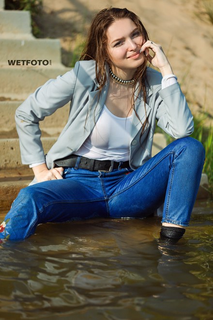 Wetlook By Gorgeous Girl In Wet Tight Jeans Blouse And Jacket On The Lake