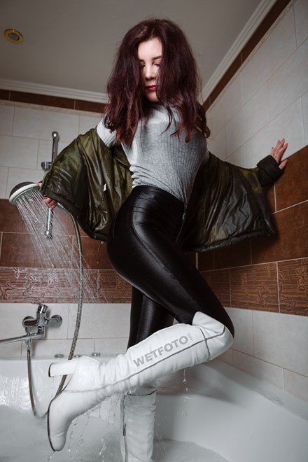 Wetlook By Beautiful Girl In Fully Wet Disco Pants Jacket And Boots 8560