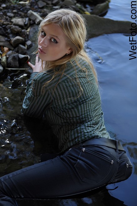 wet girl get wet wet hair fully clothed jeans shirt shoes river