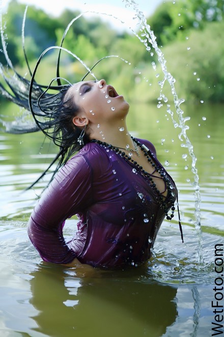 wet girl get wet wet hair swim fully clothed blouse leggings stockings high heels pool river