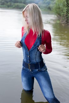 #127 - Wetlook by Sweet Girl in Denim Jumpsuit, Sweater, Socks and Shoes on Lake