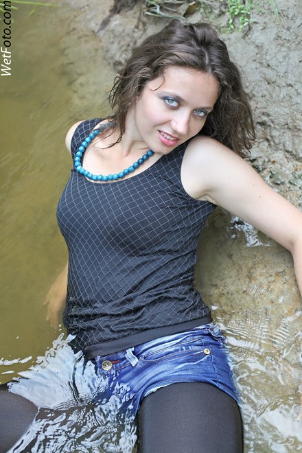 wet girl get wet wet hair swim fully clothed leggings tights denim shorts blouse lake