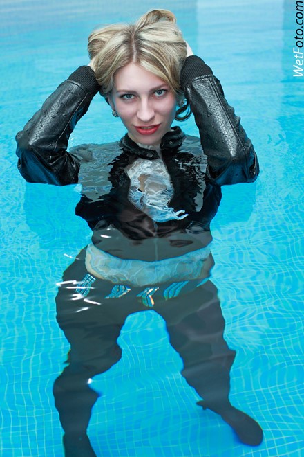 wet girl get wet wet hair swim fully clothed leather jacket guipure blouse leggings shoes pool