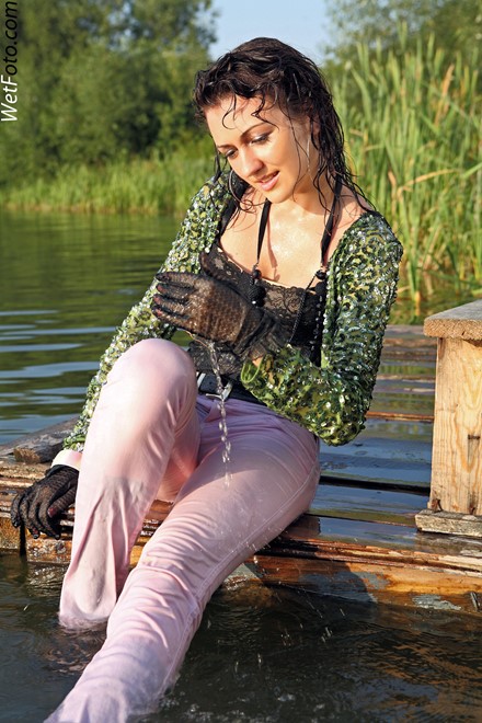 wet girl get wet wet hair swim fully clothed jacket top tight jeans evening gloves high heels lake
