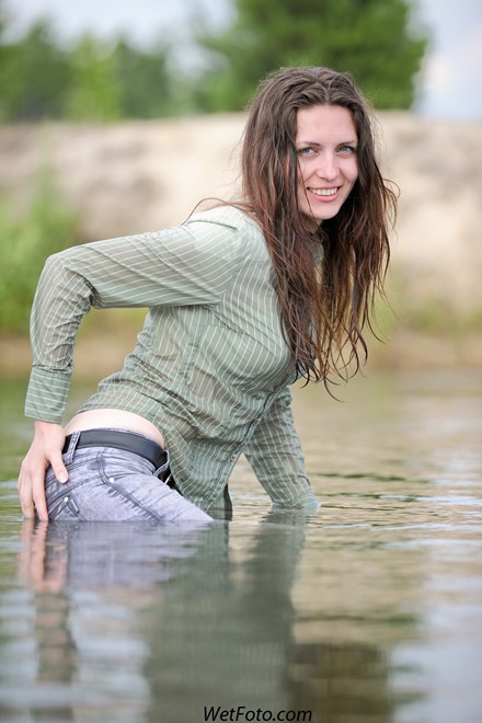 wet girl get wet wet hair swim fully clothed shirt jeans shoes river
