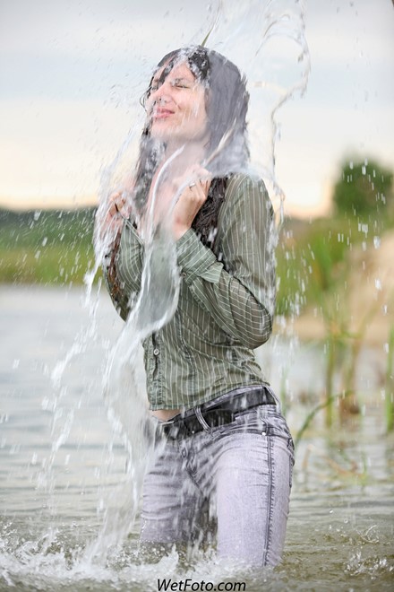 wet girl get wet wet hair swim fully clothed shirt jeans shoes river