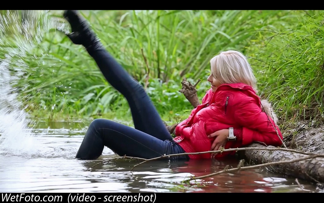 wet girl get wet fully clothed jacket jeans t-shirt shoes lake