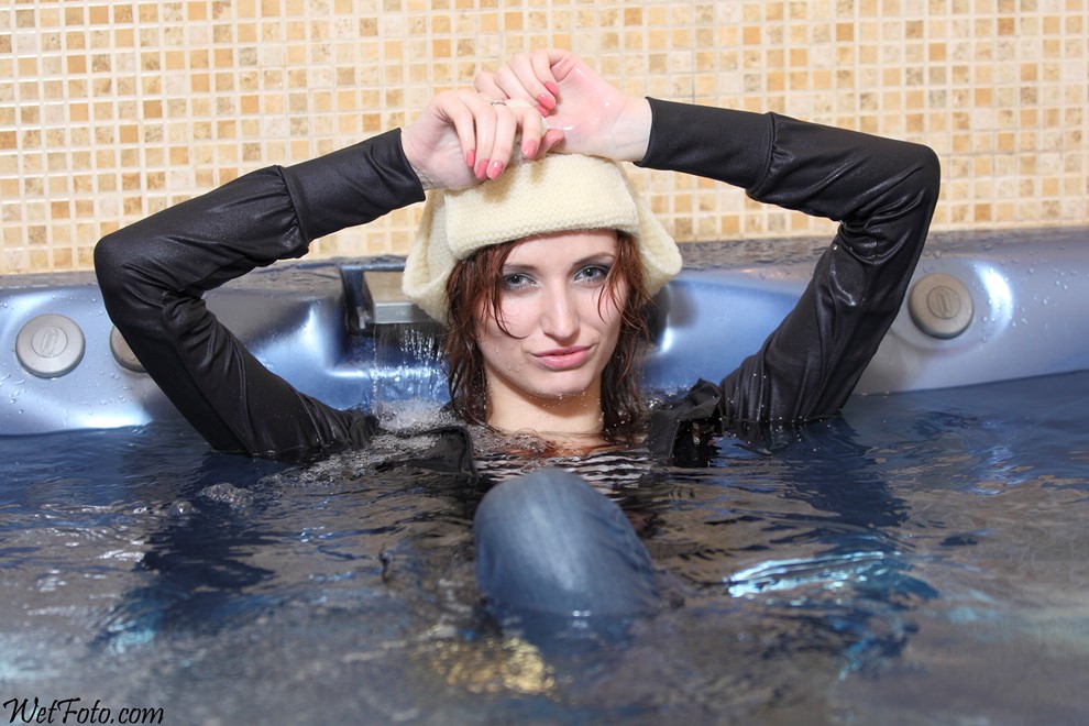 wet girl get wet wet hair swim fully clothed jacket tight jeans hat scarf gloves socks shoes pool