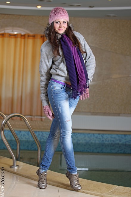 wet girl get wet wet hair swim fully clothed tight jeans jacket scarf gloves hat sneakers pool