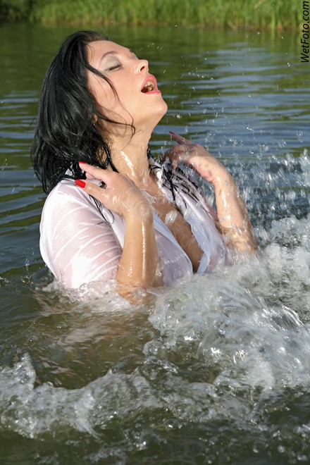 brunette wet girl get wet wet hair swimming fully clothed jeans shirt fishnet stockings high heels sandals lake
