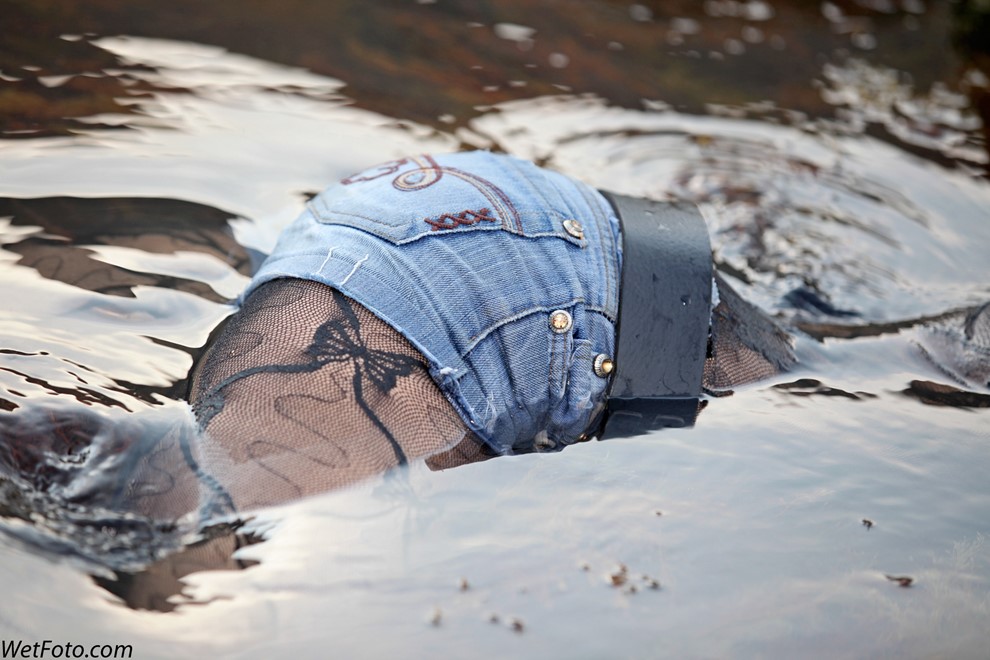 wet girl get wet wet hair fishnet bodysuit bra denim shorts sea soaking wet