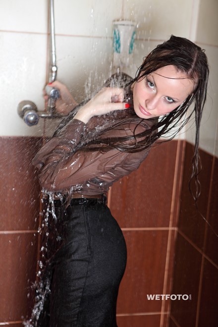 wet girl get wet wet hair fully clothed blouse skirt stockings high heels jacuzzi