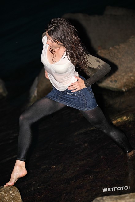 wet girl get wet wet hair t-shirt boleros denim skirt leggings