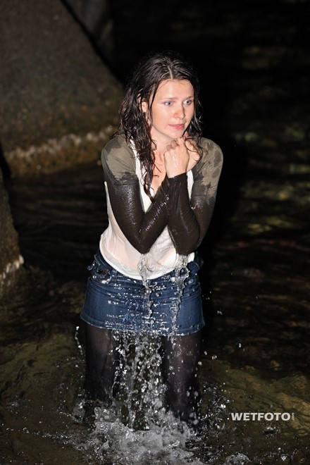 wet girl get wet wet hair t-shirt boleros denim skirt leggings