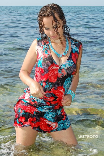 wet girl get wet wet hair swim fully clothed sundress high heels sandals sea