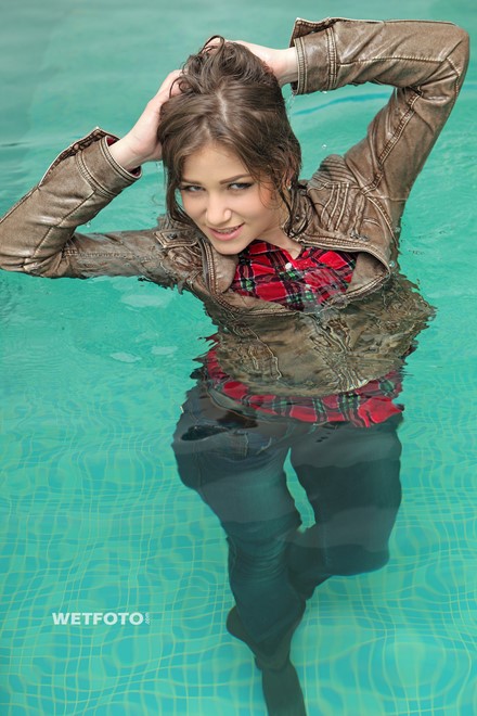 wet girl get wet wet hair swim fully clothed leather jacket tight jeans boots pool