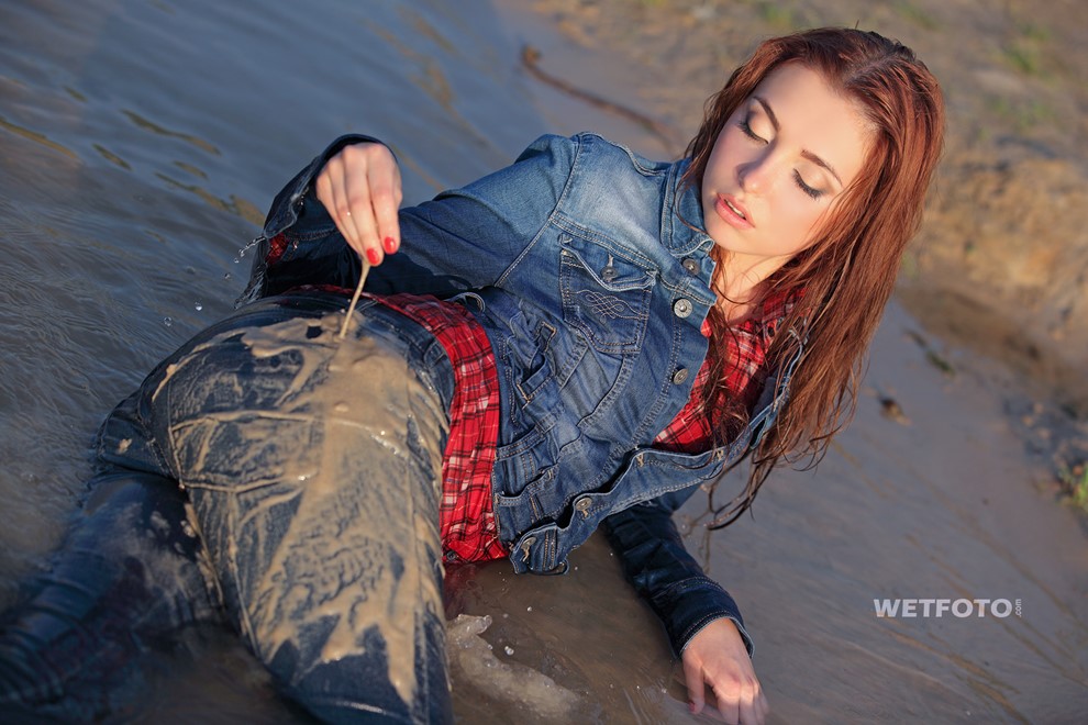 wet girl get wet wet hair swim fully clothed jacket right jeans sneakers