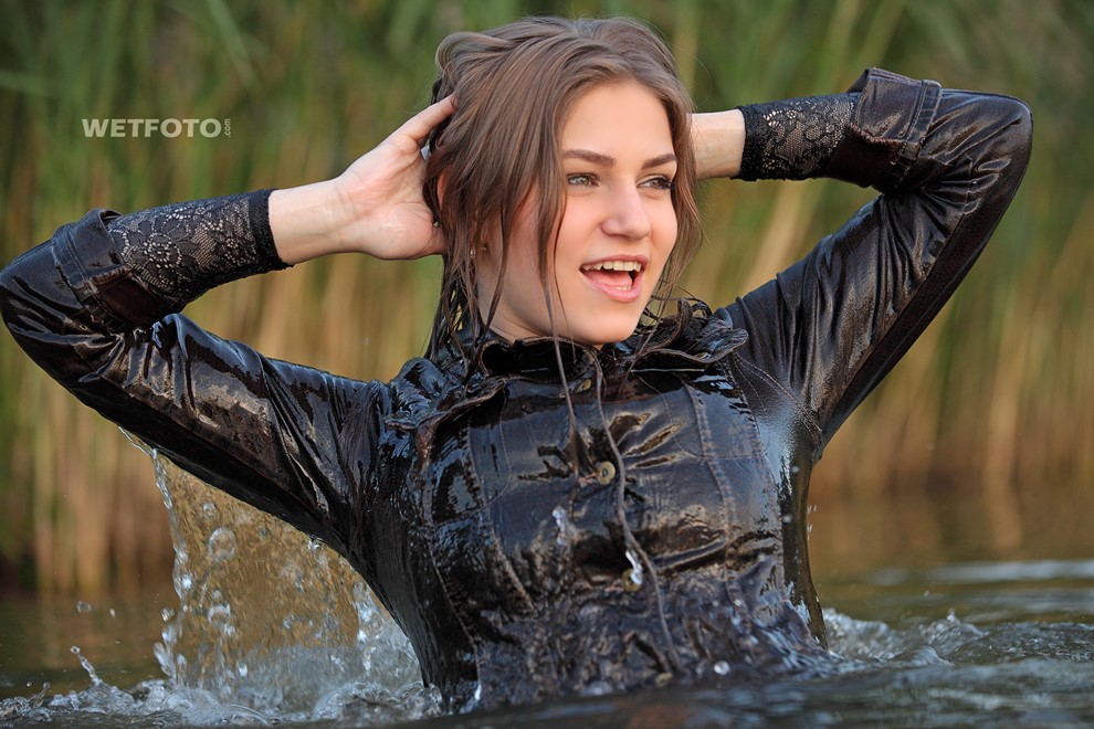 wet girl get wet swim fully clothed wet hair jacket tight jeans boots lake