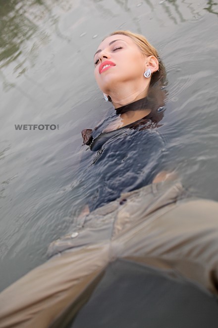 wet girl wet hair get wet denim jacket stockings high heels water lake