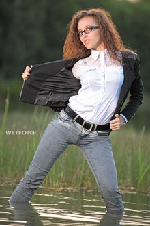 #306 - Wetlook by Curly Girl in Wet Jacket, Shirt, Jeans and High Heels