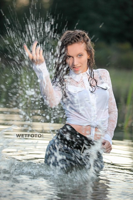 wet girl wet hair get wet jacket jeans shirt high heels
