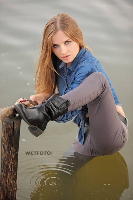 wet girl wet hair get wet denim shirt tight pants boots