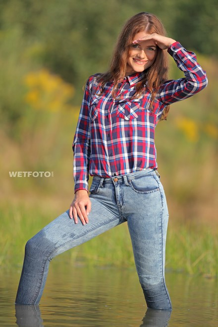 wet girl wet hair get wet swim fully clothed shirt jeans sneakers lake