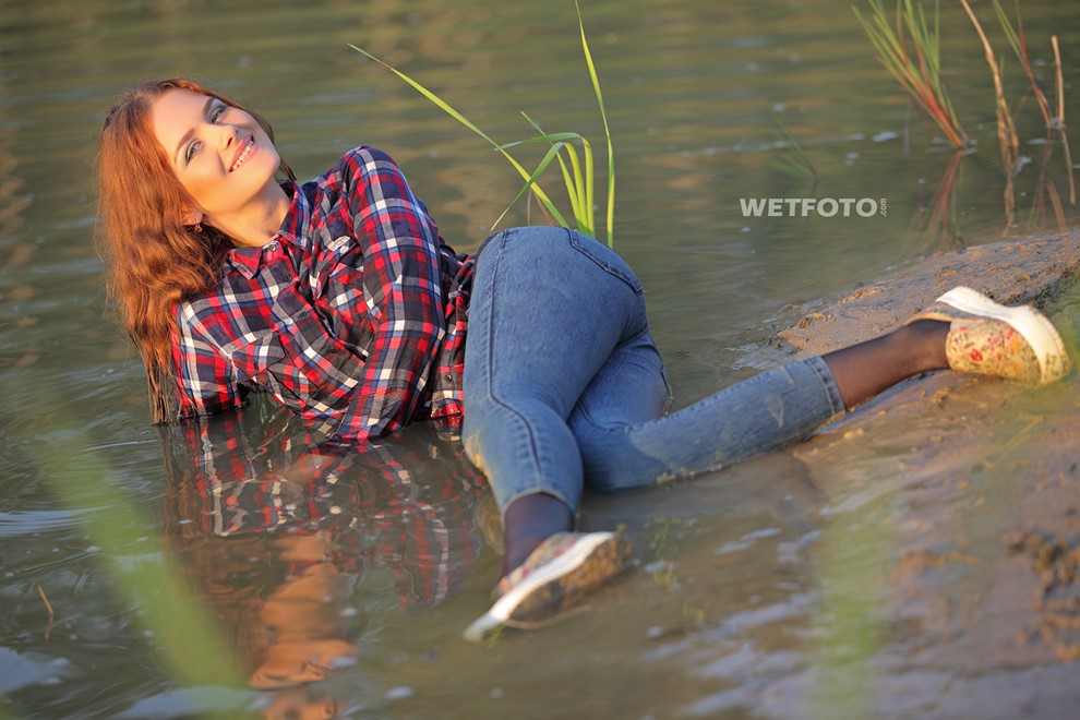 wet girl wet hair get wet swim fully clothed shirt jeans sneakers lake