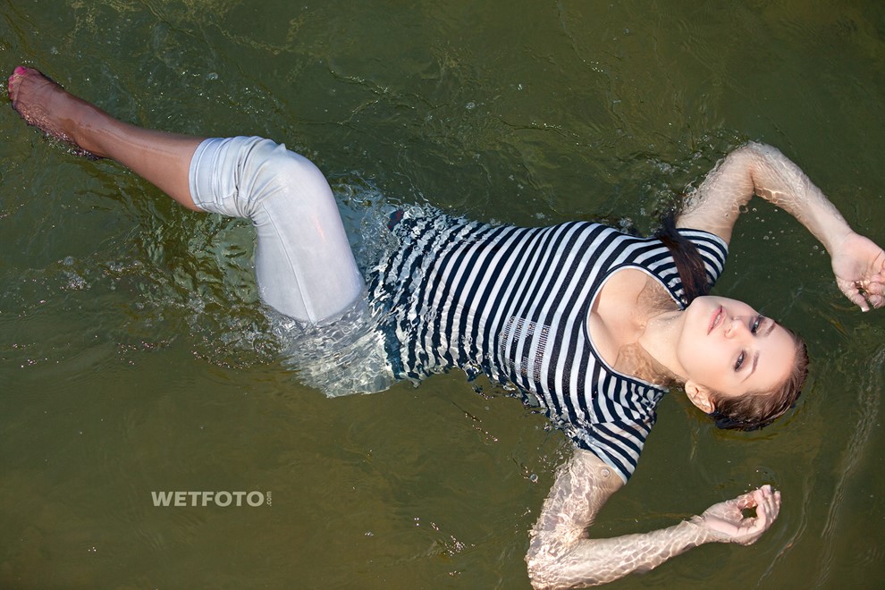 wet girl wet hair get wet t-shirt tight jeans tights swim fully clothed lake