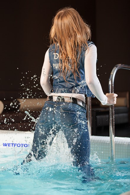 wet girl wet hair get wet blouse denim vest tight jeans tights fully clothed fully soaked spa