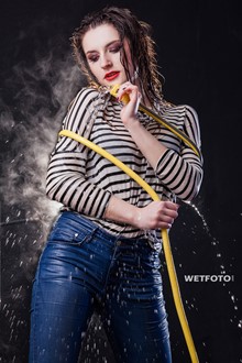 #326 - Wetlook by Pretty Girl in Striped Sweater, High-Waisted Jeans and Red High Heels