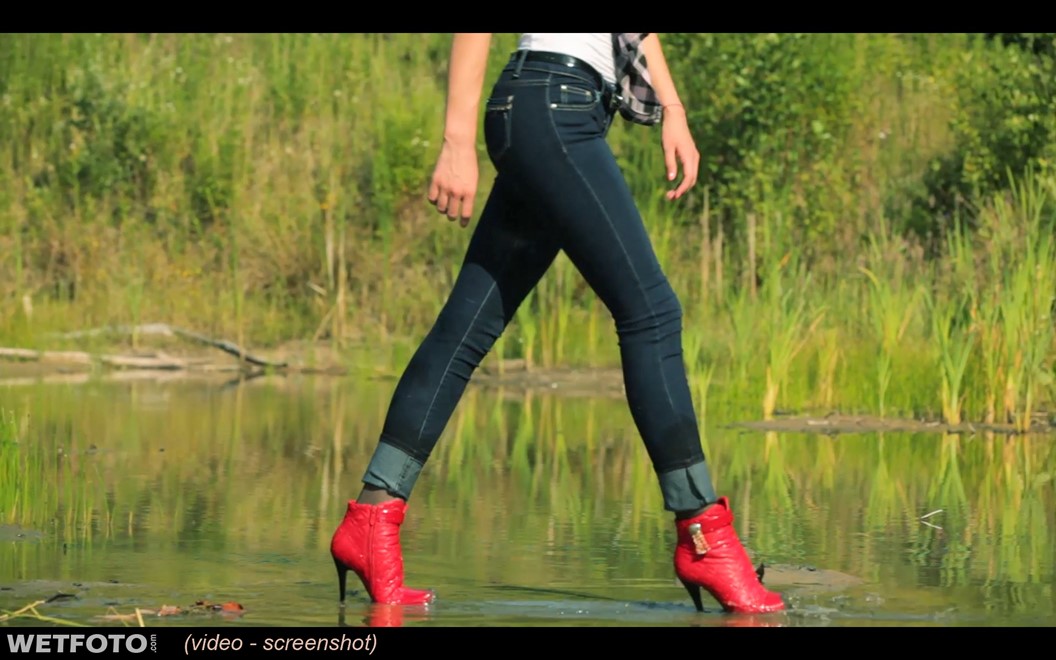wet girl wet hair get wet checkered shirt t-shirt tight jeans boots high heels lake