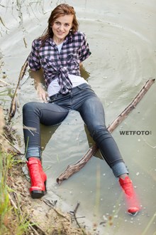 #336 - Wetlook by Beautiful Girl in Checkered Shirt, Tight Jeans and Red Boots on Lake