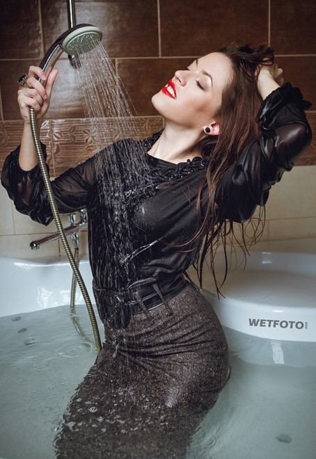 wet girl wet hair get wet blouse skirt stockings high heels shoes fully soaked bath