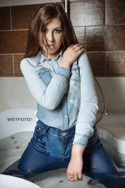 wet girl wet hair get wet fully clothed tights denim shirt tight jeans sneakers shower jacuzzi