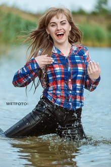 #370 - Wetlook by Pretty Girl in Fully Soaked Shirt and Black Jeans on Lake