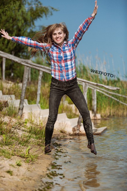 wet girl soaked get wet swimming fully clothed tights shirt tight jeans lake