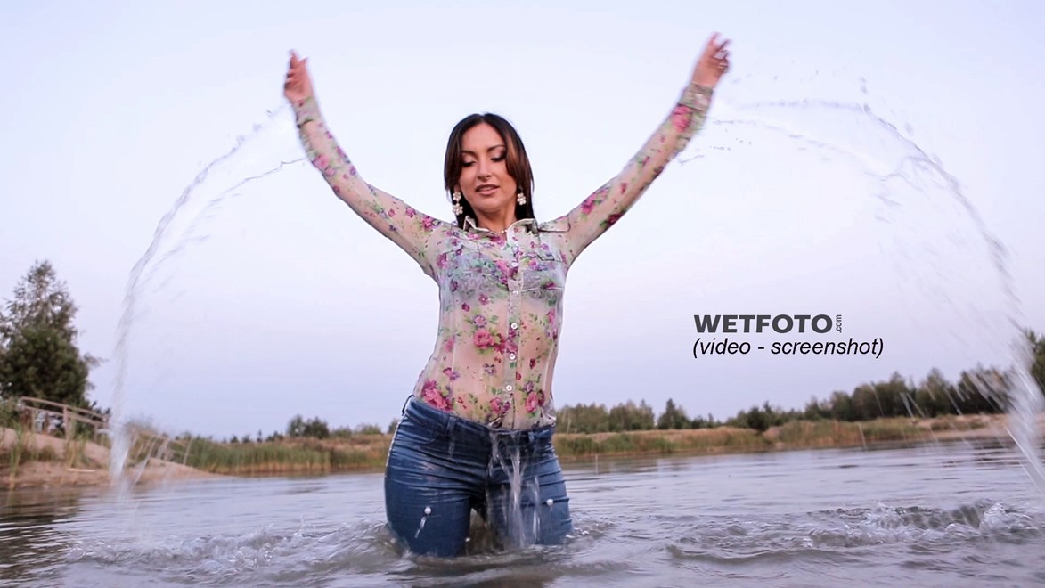 wet girl woman wet hair get wet soaked swimming jeans t-shirt boots high heels lake