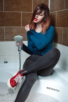 #388 - Wetlook by Sexy Girl in Blue Sweater, Gray Leggings and Red Shoes in Bath