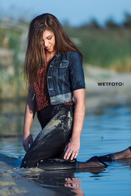 wet girl get wet photo soaked swim clothes skinny  jeans jacket blouse high heel shoes lake