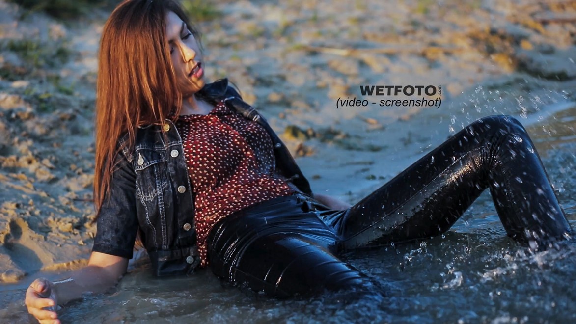 wet girl get wet photo soaked swim clothes skinny  jeans jacket blouse high heel shoes lake