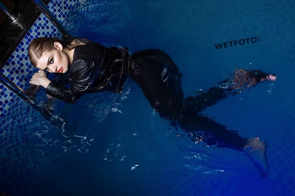 wet girl get wet photo water swimming pool clothes leather jacket shoes wet hair soaked shower