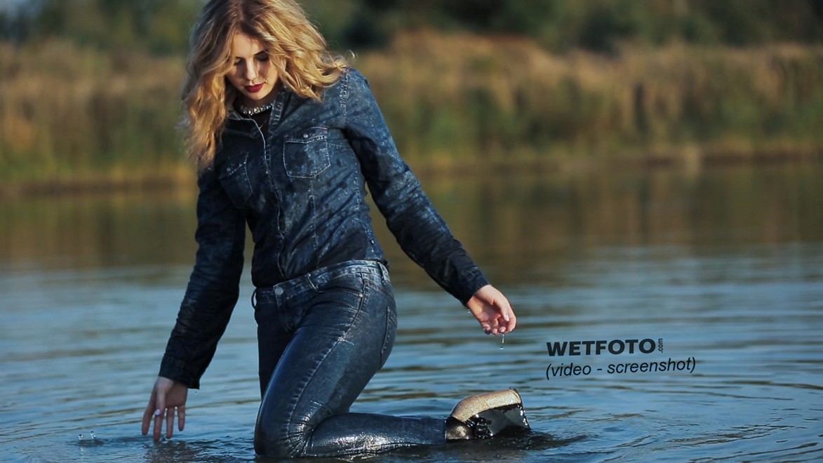 wet girl get wet fully clothed jeans denim shirt tights shoes high heels lake