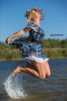 #399 - Pretty Blonde Girl in Beautiful Dress and Shoes Get Fully Wet on Lake