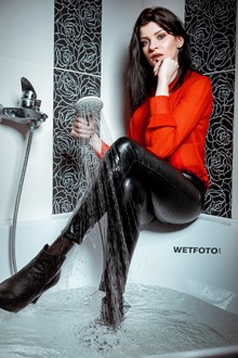 #400 - Wetlook by Hot Brunette Girl in Fully Wet Sexy Leggings and High Heels in Shower