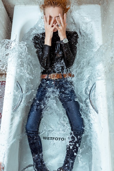 wet girl get wet golf jeans shoes high heels fully clothed wet hair shower