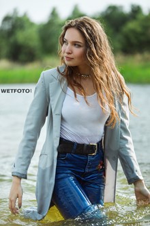 #406 - Wetlook by Gorgeous Girl in Wet Tight Jeans, Blouse and Jacket on the Lake