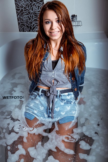 wet girl wet hair get wet denim jacket t-shirt shorts stockings sneakers fully soaked water bath shower