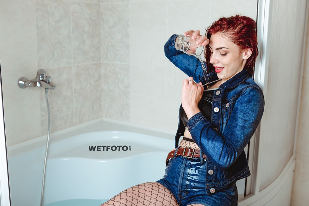 wet girl wet hair jeans jacket top high waisted shorts fishnet tights bath